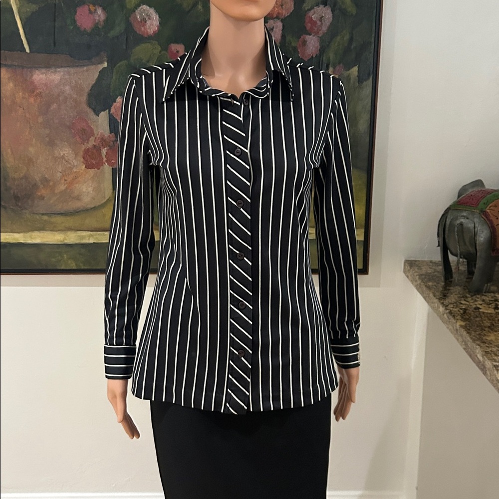 Lanvin Vintage black button down blouse with white stripes